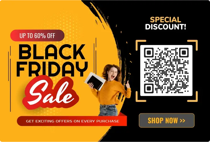 Excited girl on a Black Friday sale poster with a QR code for discounts, aiding the company build an effective lead list.