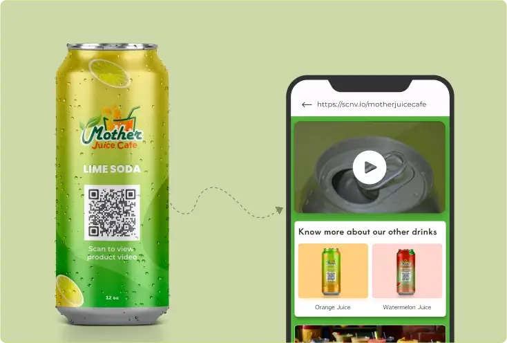 QR code on a green lime soda can, links to a custom landing with a product video and more information.